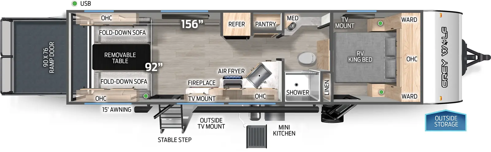 The Cherokee Black Label 24RRTBL floorplan is a toy hauler that has two entries and zero slide outs. Exterior features include: fiberglass exterior, 15' awning and outside kitchen. Interiors features include: front bedroom and pass through bathroom.